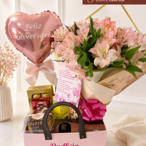 Cesta chocolate com flor astromelia