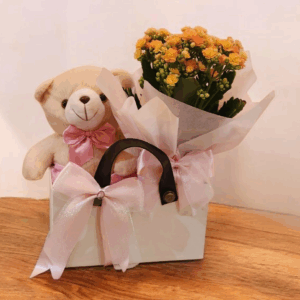 Cesta maleta com flor e pelúcia