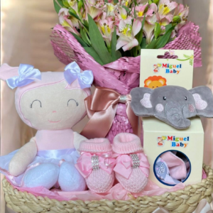 Cesta boas vindas com boneca e Astromelia